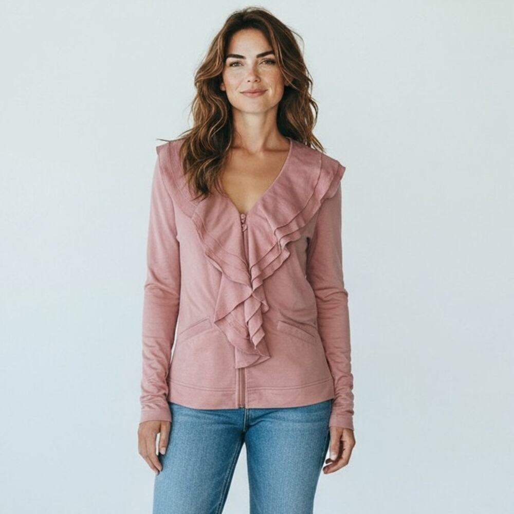 City Hearts Womens M Pink Full Zip Jacket Ruffle Layered Neck Y2K Romantic